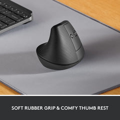 Lift Vertical Ergonomic Mouse, Wireless, Bluetooth or Logi Bolt USB Receiver, Quiet Clicks, 4 Buttons, Compatible with Windows/Macos/Ipados, Laptop, PC - Graphite