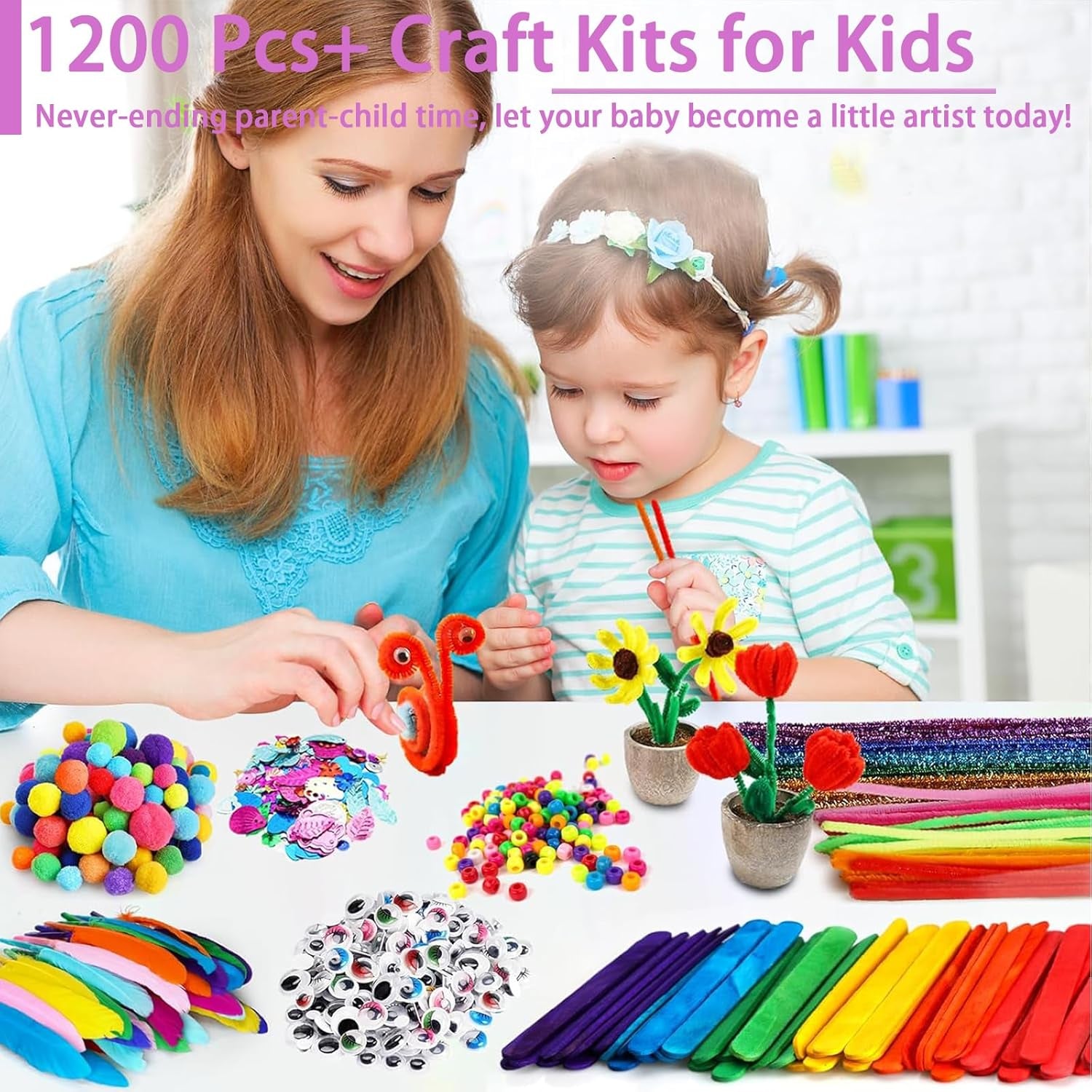 1200Pcs+ Arts & Crafts Supplies for Kids- Easter Craft Kits with Pipe Cleaners, Pom Poms for Crafts, Popsicle Sticks for Craft, Craft for Kids Ages 4-8 Girls & Boys Birathday Gifts
