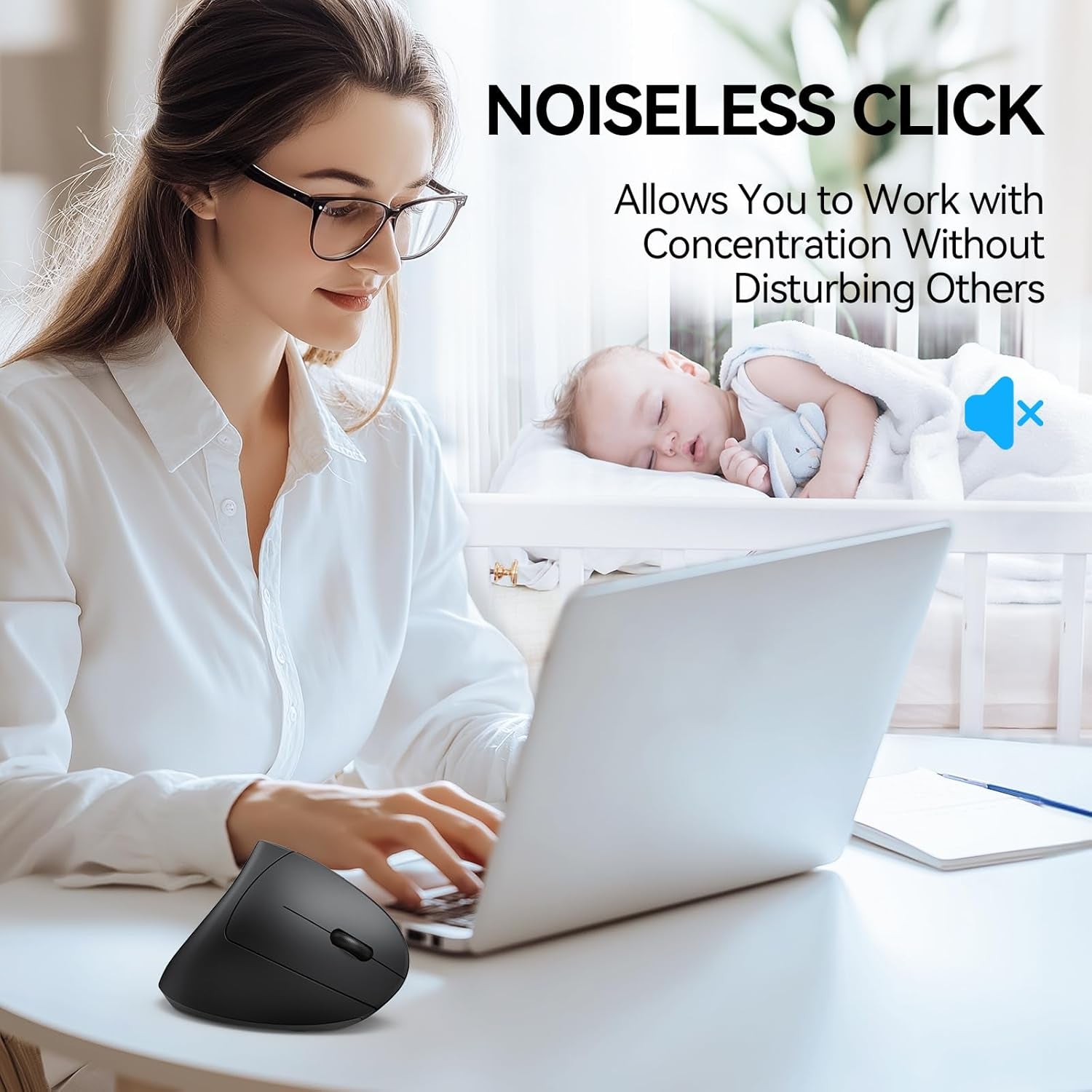 Ergonomic Mouse, Wireless Bluetooth Vertical Mouse, 4800 DPI Optical Tracking, 6 Adjustable DPI, Quiet Clicks, 2.4Ghz with USB a Receiver, 6 Buttons, Wide Compatibility - Black